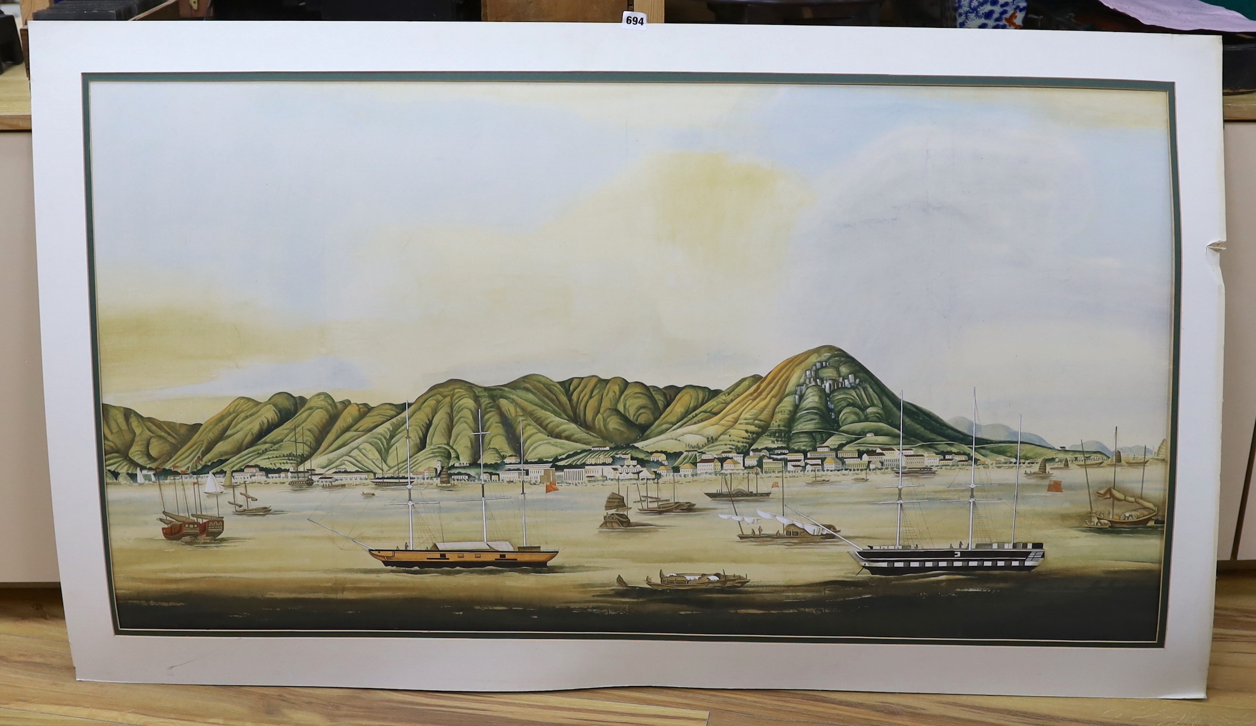 20th century Chinese School, watercolour, Shipping off Hong Kong in the 19th century, 71 x 137cm, unframed